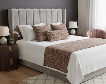 Rust Brown Textured Hotel Bedding Set - Decorative Pillows & Throw Blanket