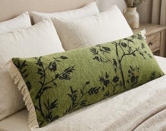 Extra Long Woven Lumbar Cushion Cover 90x35cm Green Black Botanical Fringe