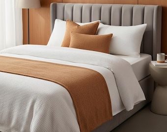 Textured Caramel Bed Runner with Matching Cushion Covers, Modern Chenille Bedding