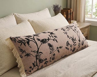 Extra Long Woven Lumbar Cushion Cover 90x35cm Black Botanical Floral Fringe