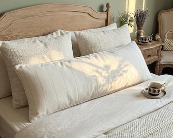 Extra Long Lumbar Pillow Cover • Cream Textured Stripe Body Pillow (90x35cm)