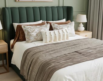 Textured Cushion and Throw Set, Rust Velvet and Tassel Lumbar, Woven Bed Runner