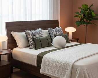 Bedding Set, Olive Green Runner, Tiger Tapestry Pillows, White Boucle Ball Cushion