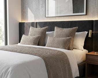 Textured Beige Bed Runner with Matching Cushion Covers, Modern Bed Scarf Set