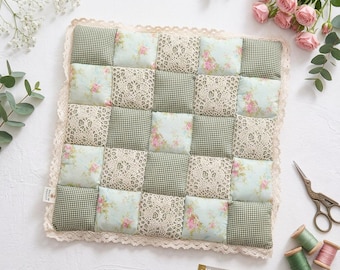Cottagecore Patchwork Chair Pad, Sage Gingham Floral Lace Seat Cushion