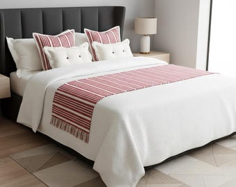 Farmhouse Red Stripe Bed Runner, Woven Cushion Covers, Bear Accent Pillow