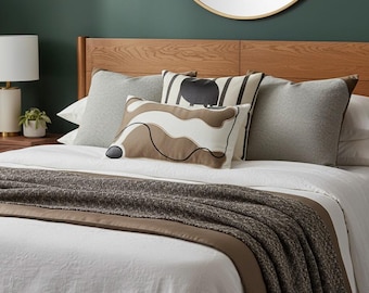 Decorative Cushion and Throw Set, Abstract Brown and Grey Patterns, Bed Runner