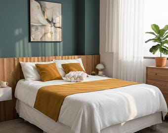 Bedding Set, Mustard Yellow Runner, Waffle Weave Pillows, White Knot Ball Cushion