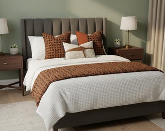Burnt Orange Geometric Pillow Set with Matching Bed Runner