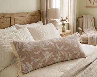 Extra Long Woven Lumbar Cushion Cover 90x35cm Blush White Botanical Fringe