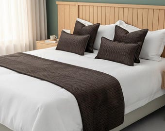 Textured Brown Bed Runner with Matching Cushion Covers, Modern Bedding Set