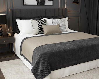 Modern Zebra Print Pillow Set with Charcoal and Beige Bed Runner
