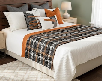 Orange and Black Plaid Pillow Set with Matching Bed Runner