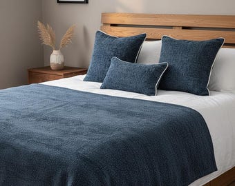 Navy Blue Boucle Bedding Set, Textured Throw Blanket, White Piping Pillow Covers