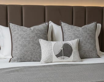 Grey Waffle Bedding Set, Textured Tweed Cushions, Abstract Lumbar Pillow, Bed Runner