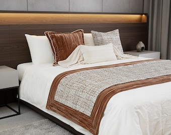 Bedding Set, Rust Brown Velvet Runner, Tweed Pillow Covers, Cream Lumbar Cushion