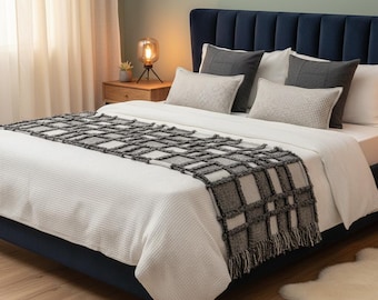 Bed Runner and Pillow Cover Set, Grey Textured Grid, Woven Fringed Throw, Lumbar Covers