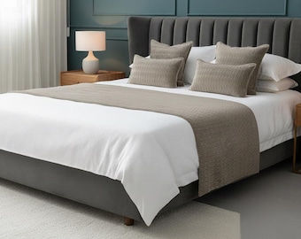 Textured Beige Bed Runner with Matching Cushion Covers, Modern Bed Scarf Set