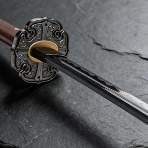 May include: Close-up of a katana sword. The sword features a dark blade, a decorative silver guard, and a wooden handle. The guard has an ornate design with a gold accent. The sword rests on a dark, textured surface.