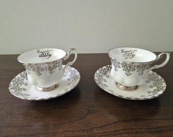 Tazas y platillos de porcelana fina Royal Albert Vintage 25th Anniversary, regalo de boda de plata, juego de té para dos personas