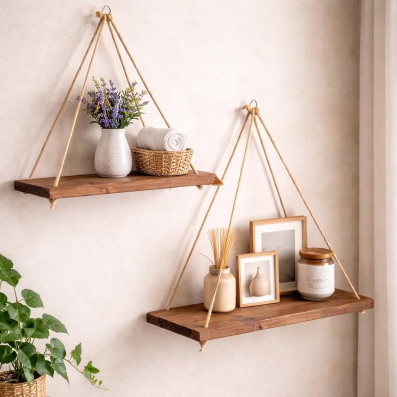 May include: Two rustic, hanging wooden shelves with natural rope supports. The shelves are stained a dark brown and hold decorative items like a vase of lavender, a woven basket with rolled towels, framed pictures, and a candle in a glass jar. The shelves are mounted on a light-colored wall.