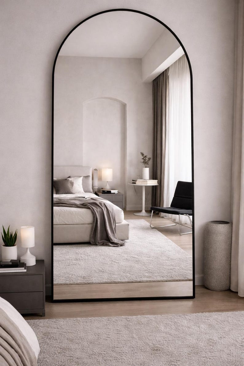 Full Length Arched Mirror 58x19/64x21 Inch, Floor Standing or Wall Mounted Mirror, Black Aluminum Frame, Modern Bedroom Mirror image 9