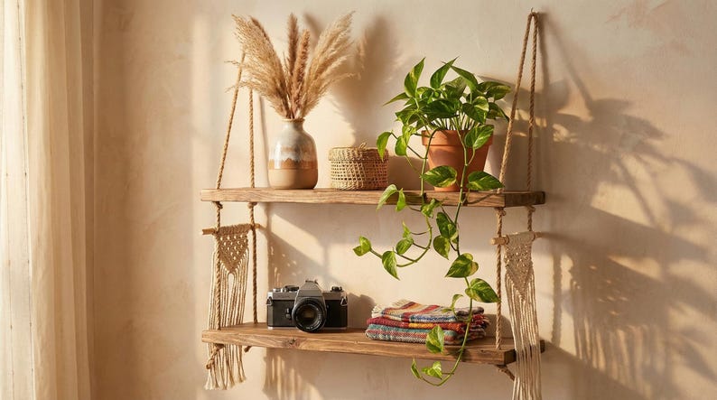 May include: A two-tiered wooden hanging shelf with macrame accents, holding a vase of dried pampas grass, a small woven basket, and a potted plant. A vintage camera and folded textiles are on the lower shelf.