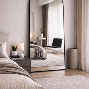 Black arched full length mirror in a minimalist bedroom