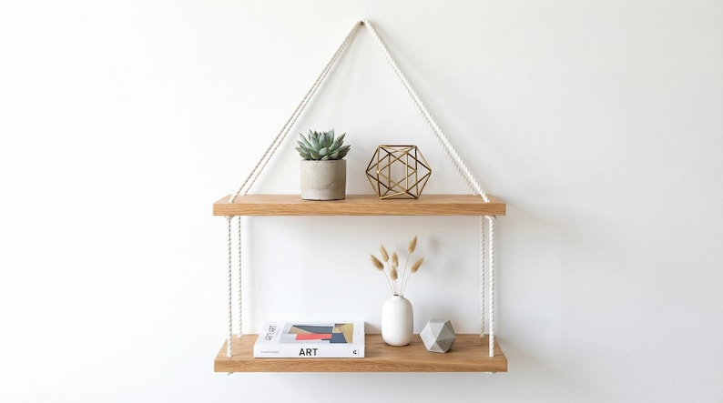 May include: A two-tiered wooden hanging shelf with white rope supports. The top shelf holds a potted succulent and a geometric gold-colored object. The bottom shelf displays a book, a white vase with dried flowers, and a geometric stone object.