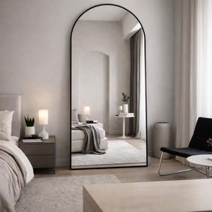 Full Length Arched Mirror 58x19/64x21 Inch, Floor Standing or Wall Mounted Mirror, Black Aluminum Frame, Modern Bedroom Mirror image 5