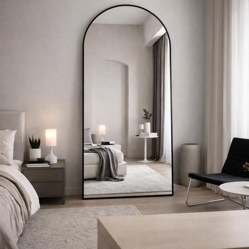 Full Length Arched Mirror 58x19/64x21 Inch, Floor Standing or Wall Mounted Mirror, Black Aluminum Frame, Modern Bedroom Mirror image 5