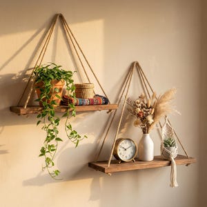May include: Two wooden hanging shelves with rope supports. One shelf holds a potted plant, a woven basket, and a colorful textile. The other shelf displays a white vase with dried flowers, a small gold clock, and a hanging plant holder.