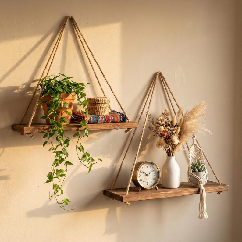 May include: Two wooden hanging shelves with rope supports. One shelf holds a potted plant, a woven basket, and a colorful textile. The other shelf displays a white vase with dried flowers, a small gold clock, and a hanging plant holder.