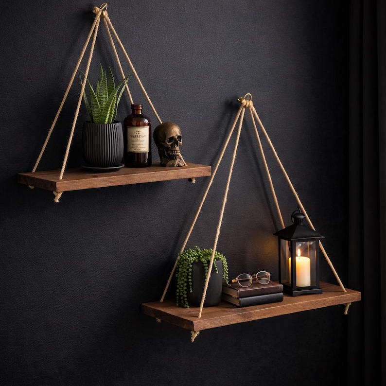 May include: Two hanging wooden shelves with rope supports against a dark wall. Each shelf holds decorative items: a potted plant, a skull, a bottle, a lantern with a lit candle, books, and eyeglasses. The shelves are made of dark wood.