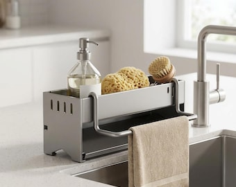 Organizador de fregadero de cocina: organizador de acero inoxidable con toallero y soporte minimalista para jabón y esponja para cocina o baño.