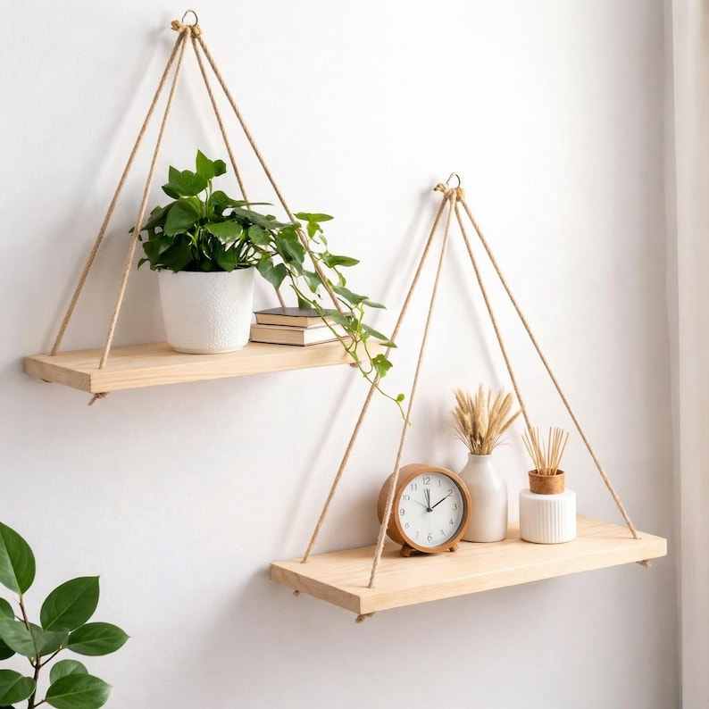May include: Two hanging wooden shelves with natural rope supports. One shelf holds a potted green plant and books, the other a clock, vase, and decorative items. The shelves are mounted on a white wall.