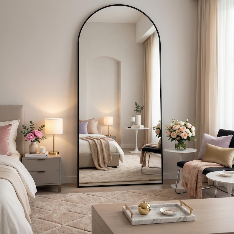 Arched mirror in a soft feminine bedroom with flowers