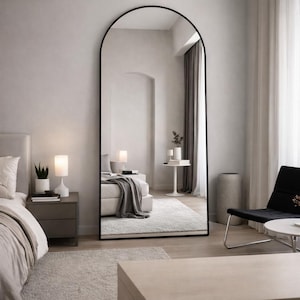 Gebogen spiegel over de volledige lengte 58 x 19/64 x 21 inch, staande spiegel of wandgemonteerde spiegel, zwarte aluminium lijst, moderne slaapkamerspiegel