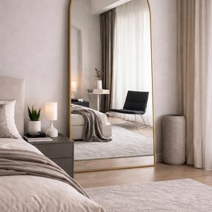 Gold arched floor mirror leaning in a bedroom