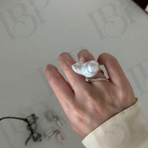 Sharp Edge Large Baroque Pearl Ring, Sterling Silver Band, Statement Jewelry
