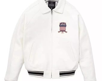 AVIREX White Varsity Bomber Jacket for Men – Zip-Up American Heritage Jacket with USA Crest