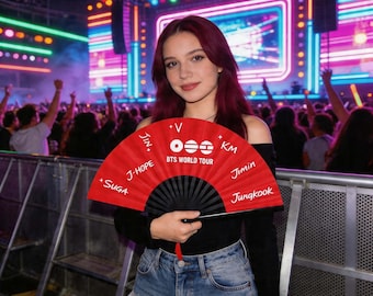 BTS World Tour 2026 Folding Hand Fan | Custom Kpop Concert Outfit Accessory | Large Silk Bamboo Fan for Army | Purple Concert Gift for Fans