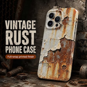 May include: A phone case featuring a printed design of weathered, cracked white paint over rusted metal. The case has a triple-lens camera cutout and the text VINTAGE RUST PHONE CASE and Full-wrap printed finish printed on the left side.