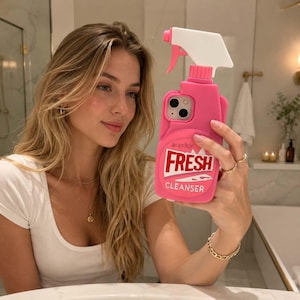 May include: A bright pink silicone phone case shaped like a spray bottle with a white trigger nozzle. The case features a label with the text "monday FRESH CLEANSER" in red and white lettering, designed to fit around the rear camera lens.