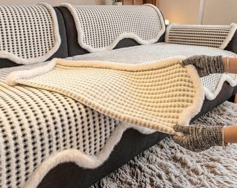 Luxury Waffle Knit Sofa Cover with Faux Fur Edge | Washable Non Slip Couch Cover | Soft Plush Throw Blanket | Bohemian Couch Protector