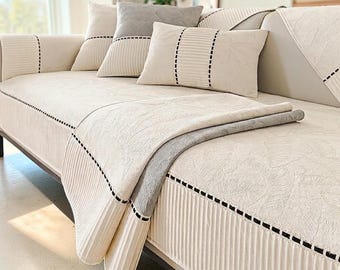 Funda de sofá con estampado de hojas texturizadas / Protector antideslizante para sofá seccional / Manta de terciopelo de lujo para muebles / Funda acolchada de primera calidad para sofá