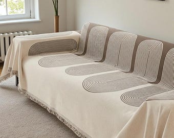 Funda de sofá de chenilla estilo boho de lujo / Manta de sofá con arco geométrico / Funda de mueble minimalista moderna / Manta decorativa de sofá con flecos