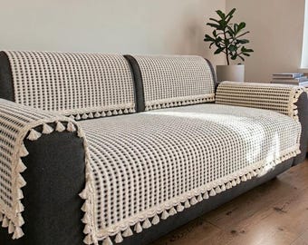 Funda de sofá de lujo con borlas / Manta bohemia para sofá / Funda con aspecto de ganchillo / Protector de sofá neutro / Decoración acogedora para la sala de estar