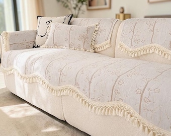 Funda de sofá de lujo con borlas texturizadas / Funda de sofá floral color crema / Funda jacquard / Protector de sofá antideslizante / Decoración acogedora para la sala de estar