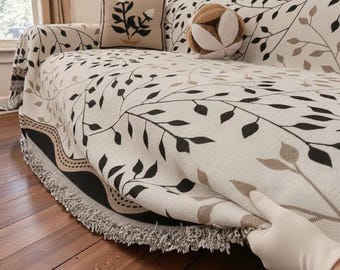Funda de sofá con diseño de hojas bohemias / Protector de sofá botánico neutro con borlas / Estilo moderno para sala de estar / Funda lavable para muebles